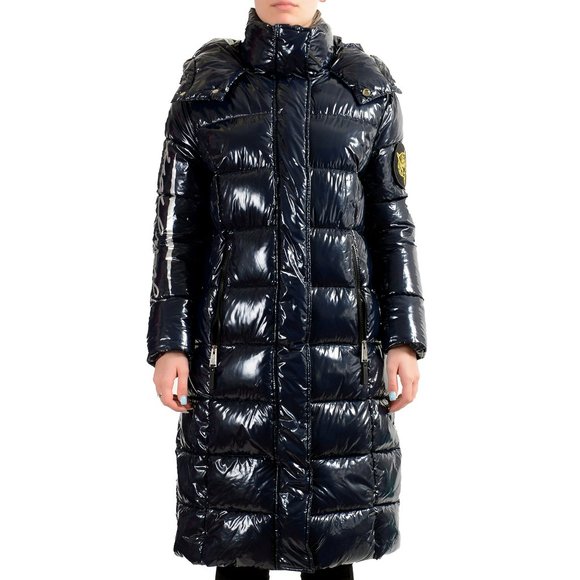 Plein Sport Women's Navy Blue Hooded Logo Print Zip Up Long Parka Jacket